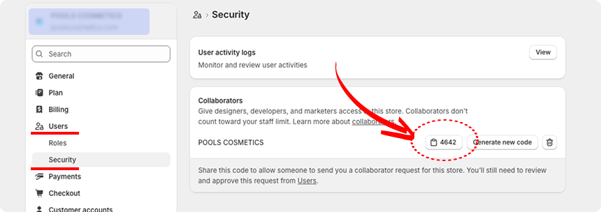 Shopify Collaborators code field