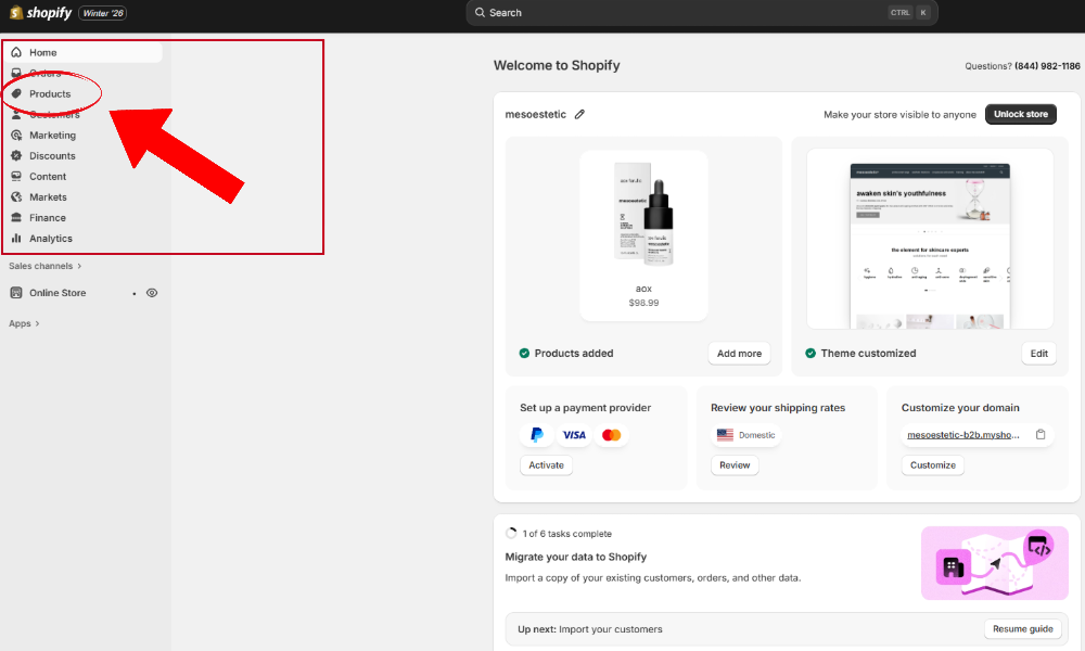 Shopify admin dashboard showing the Products menu option in the left sidebar