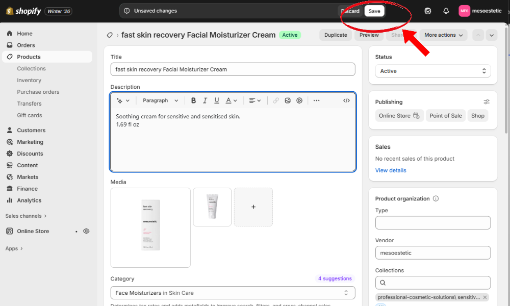 Product editor top bar showing Save button and View button to preview the product on the live store