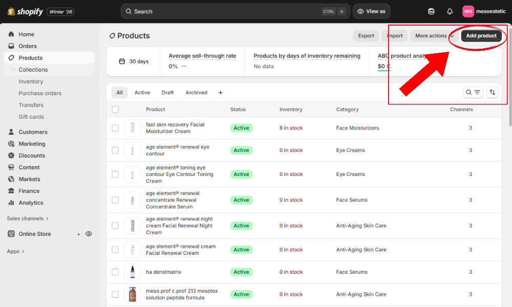 Products page with the Add product button highlighted in the top right corner
