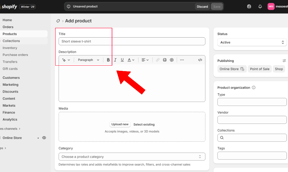 Product editor showing the Title and Description fields filled in with example content