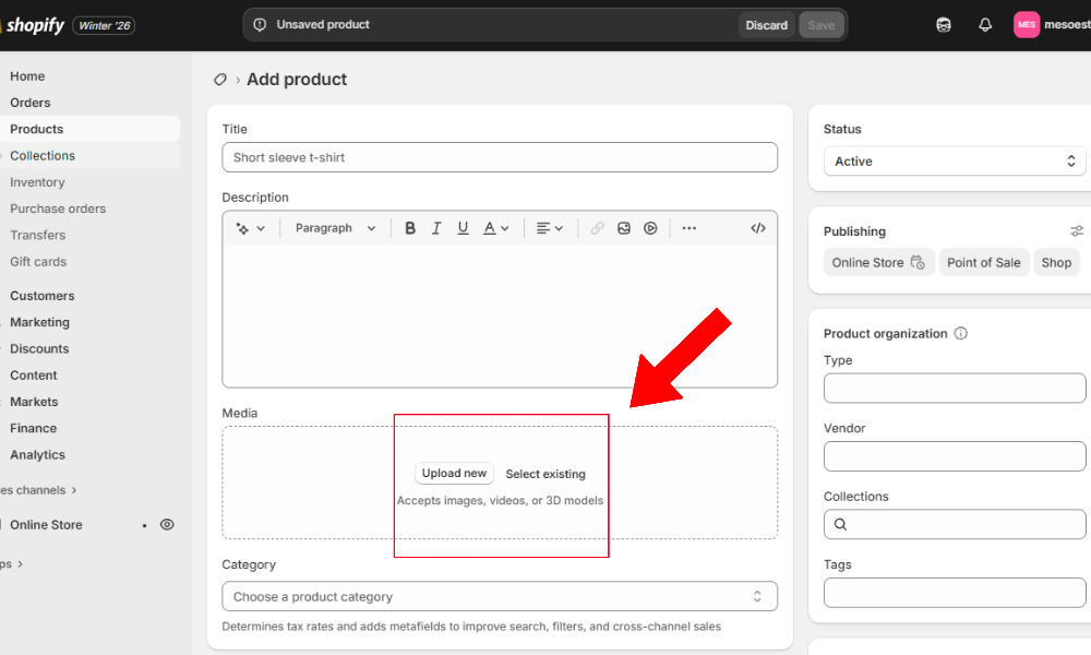 Product media section showing the Add media button and image upload interface