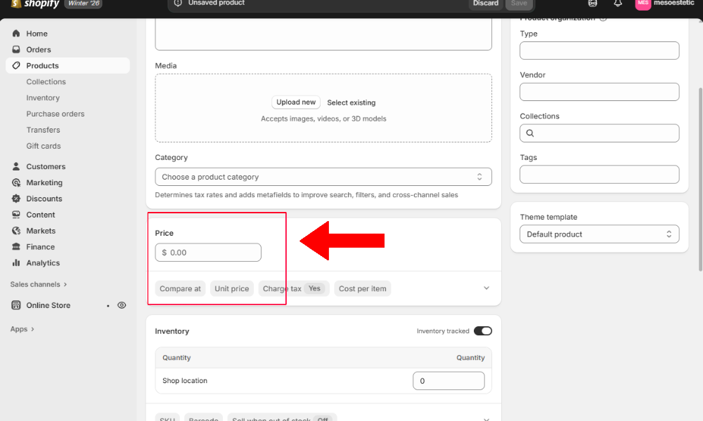Pricing section showing Price, Compare-at price, and Cost per item fields