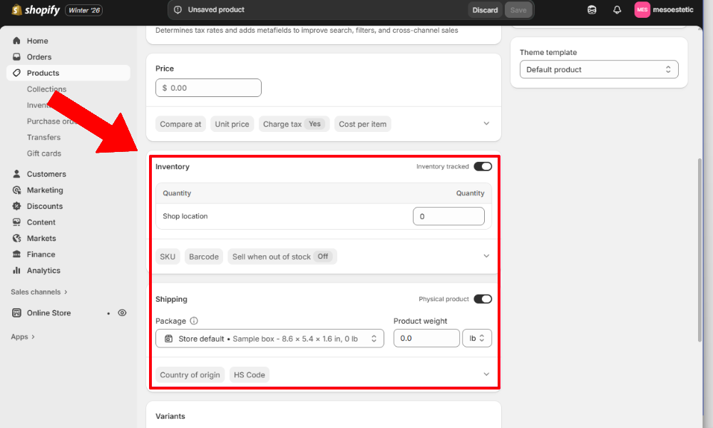 Inventory and shipping section showing Track quantity checkbox, inventory field, and weight settings for physical products