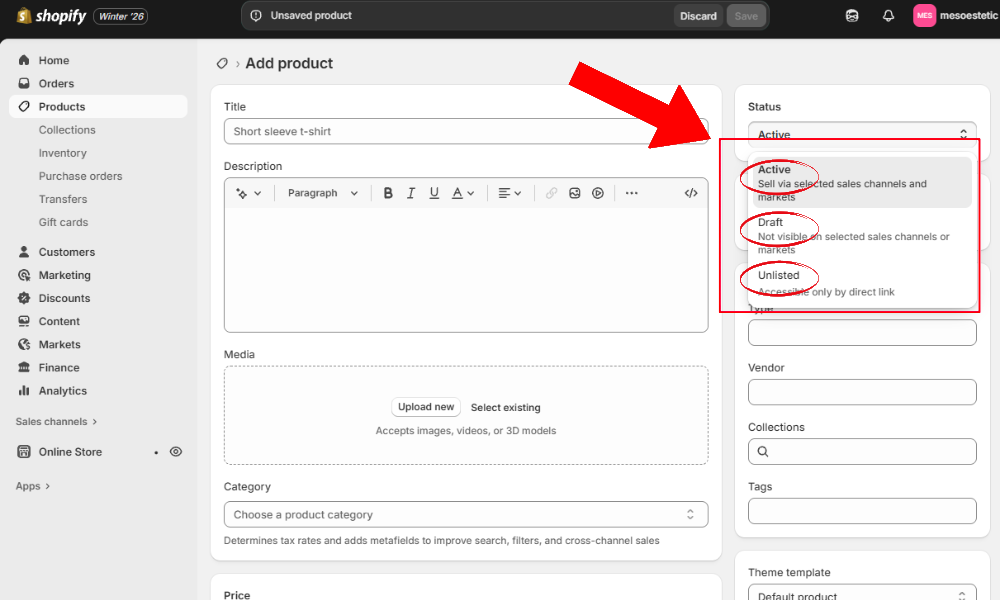 Product status and collections section showing Active/Draft/Unlisted status options and collection assignment