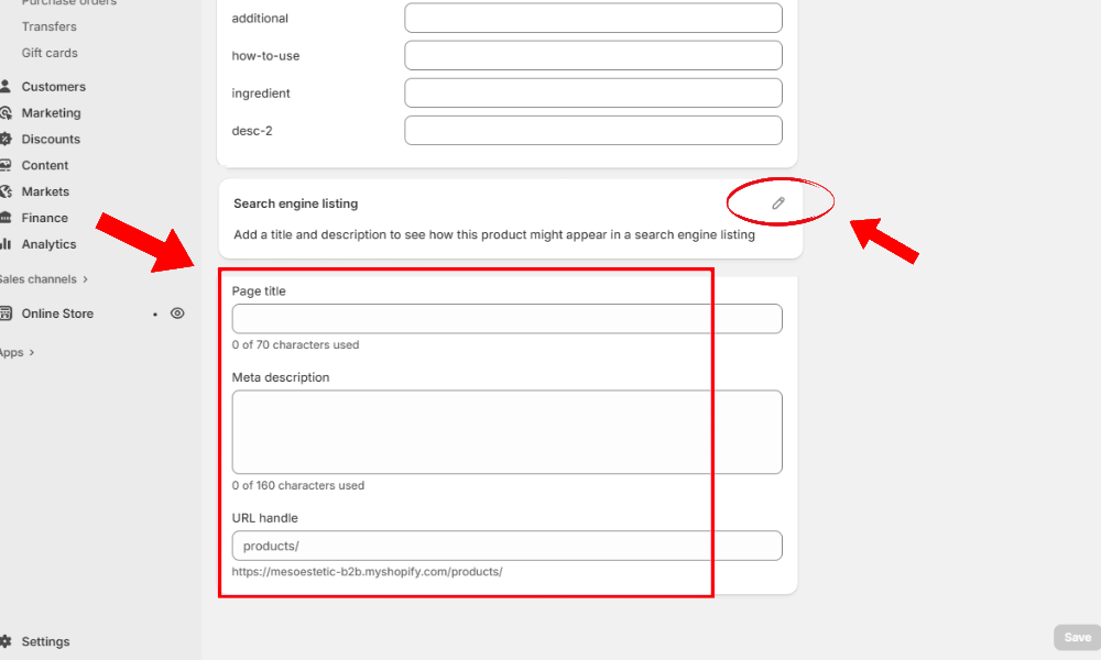 Search engine listing section showing Page title, Meta description, and URL handle fields for SEO optimization